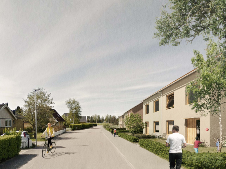 Bilden visar exempel på hur Idrottsvägen kan komma att se ut med befintlig bebyggelse på vänstersidan och föreslagen nybebyggelse på bildens högra sida. Bilden är framtagen av arkitekturföretaget AndrénFogelström AB