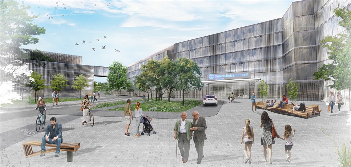 En vision över hur Universitetssjukhusets södra entré kan komma att se ut i framtiden. Bild: Carlstedt arkitekter