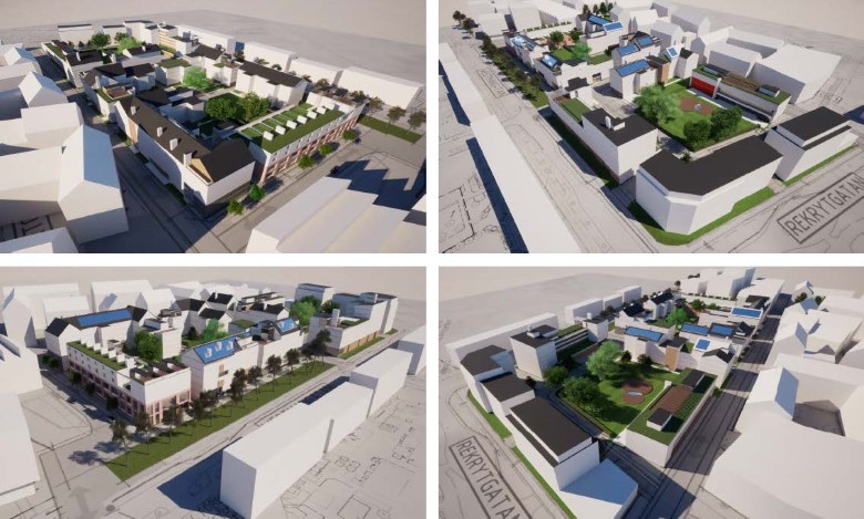 Illustrationsbilder över möjlig utformning av kvarteret Labbet där bostadsändamålet nu föreslås utökas. Winell och Jern 2023-06-16