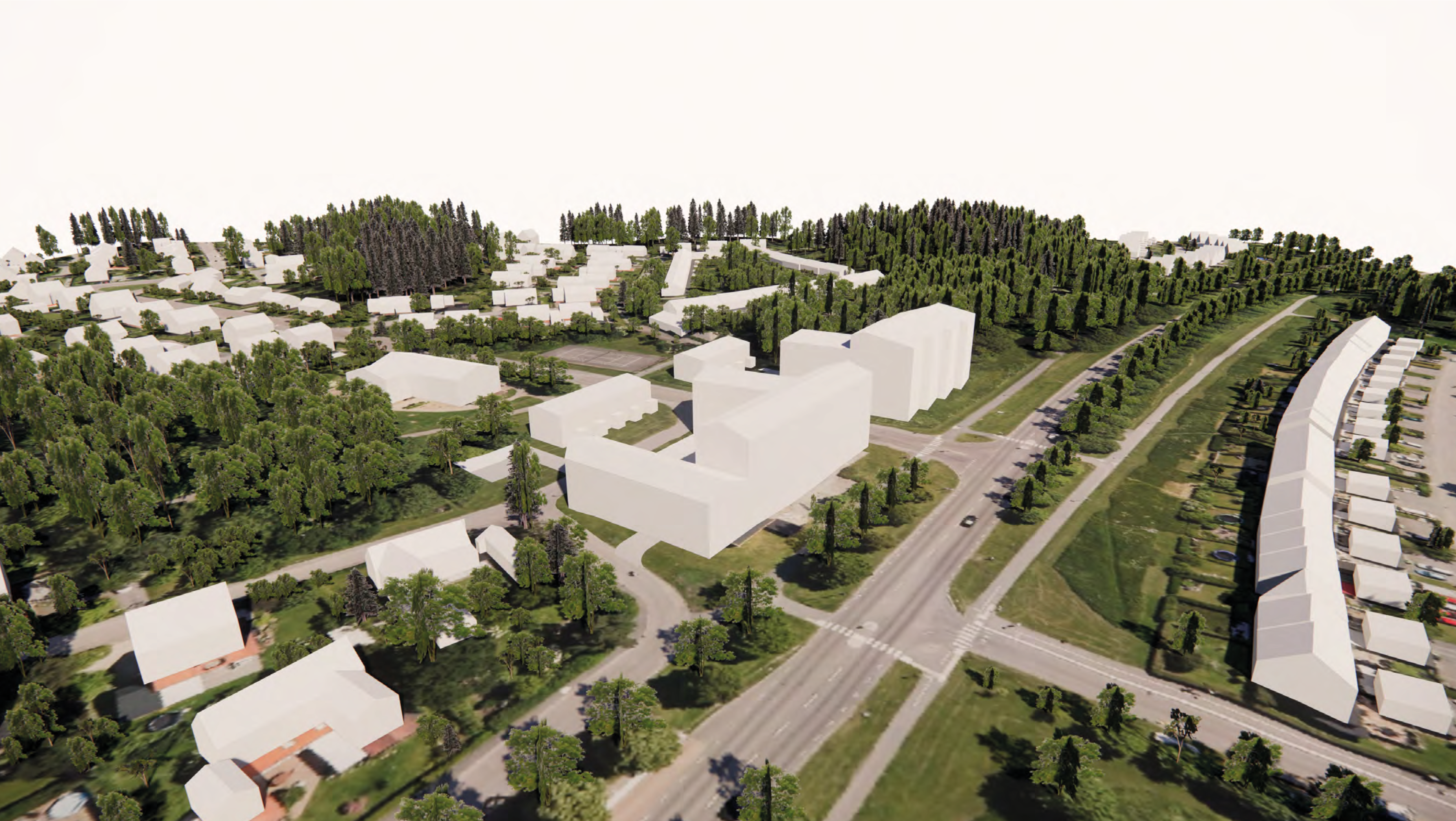 Datoranimerad vy över bostadsområde med planerad bebyggelse inritad som vita block.