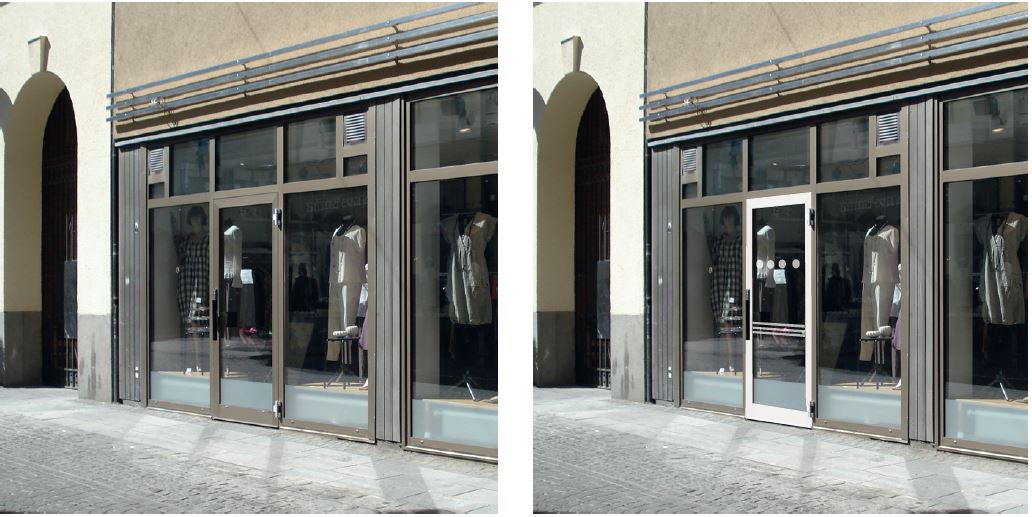 Bild som visar skillnaden på en dörr utan och med kontrastmarkering