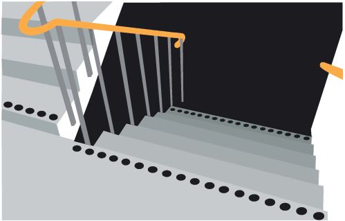 Skiss som visar trappa med kontrastmarkeringar på nedersta plansteget och på framkanten av trappavsatsen