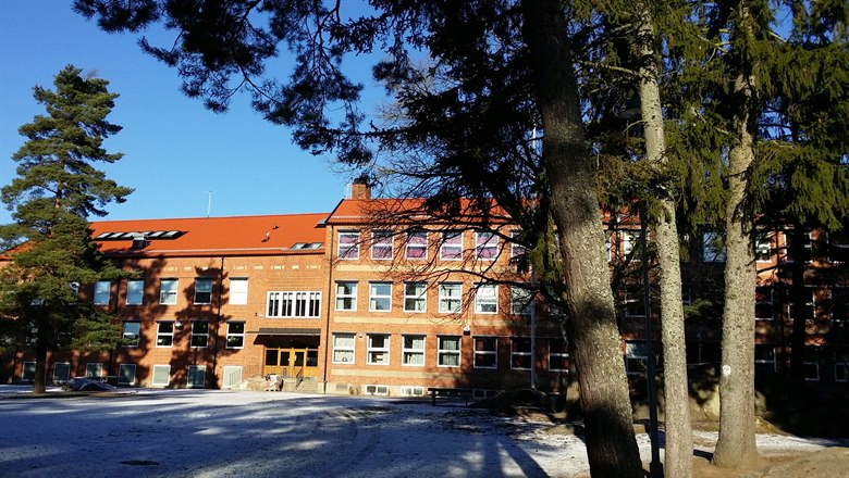 Ånestadsskolans röda tegelbyggnader omgiven av tallar som slänger långa skuggor på väggen