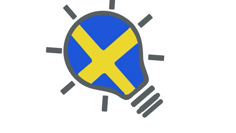 Symbol för tips på hur man tränar svenska. En glödlampa med svensk flagga i.