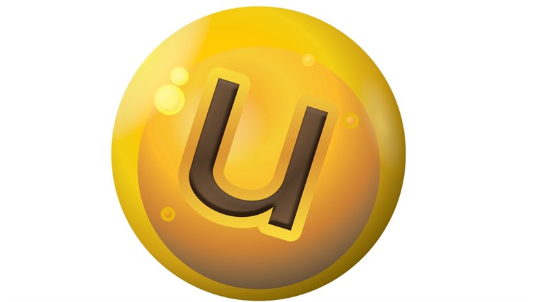 Unikums logga, en gul boll med bokstaven "u" i brunt, lite på snedden
