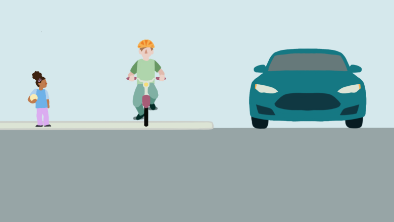Illustration på barn som går, person som cyklar och en bil.