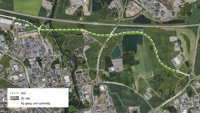 Grafisk kartöversikt som visar Ulleviledens nya sträckning med gång-, cykelväg och allé inritad.