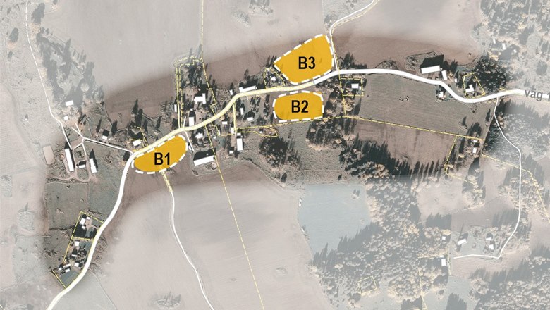 Karta över utvecklingsområden i Östra Skrukeby kyrkby.