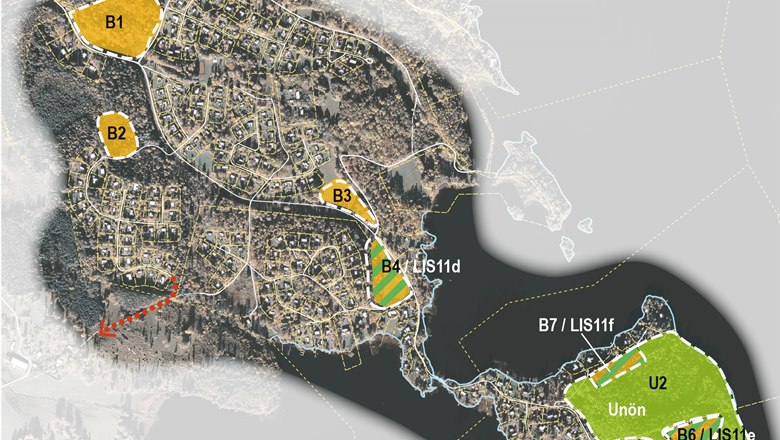 Karta som visar olika utvecklingsområden i Svartmåla, Kallvik och Unön