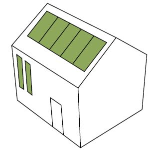 En enkel skiss på ett hus med solcellspaneler på del av tak och fasad.