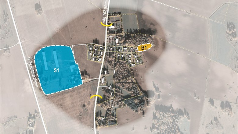 Karta som visar olika utvecklingsområden i Skeda Kyrkby