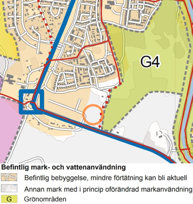 Bilden visar ett utsnitt från gällande översiktsplan där ungefärligt läge för detaljplanen är markerat