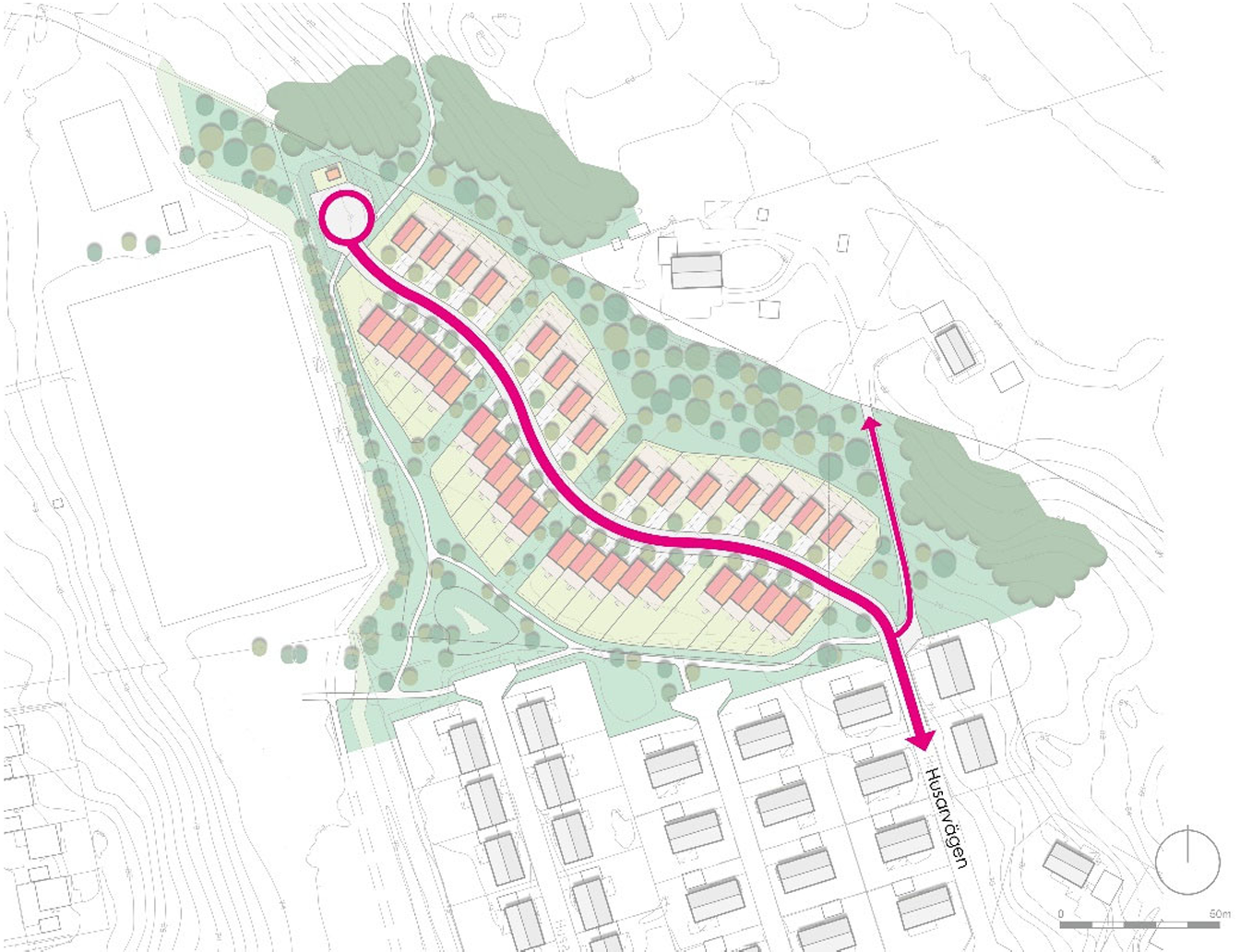 Illustration som visar hur trafik ska ta sig in i det nya området. Rosa pil visar att Husarvägen ska förlängas in i området. Högst upp i norr i området finns en vändplan.
