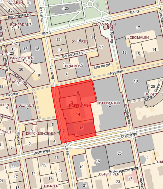 Karta över del av Linköpings innerstad. Kvarteret Doppingen markerat med rött.