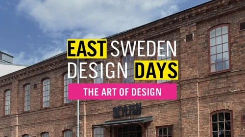 Foto av en äldre tegelbyggnad med pålagd text East Sweden Design Days The Art of Design
