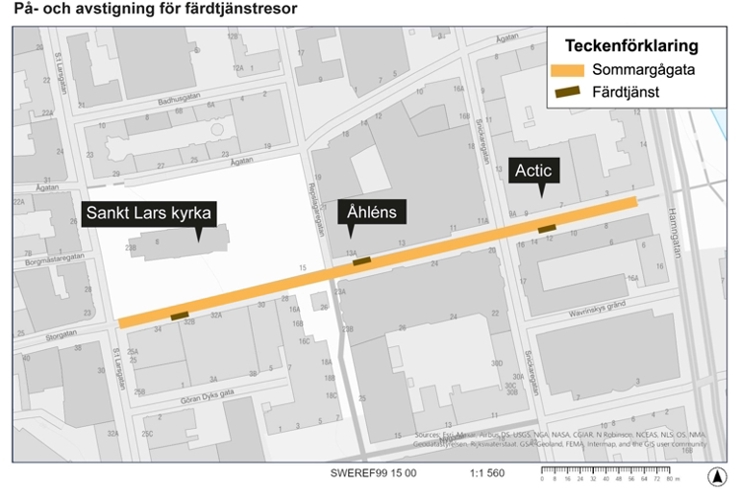 Kartbild med på- och avstigningsplatserna markerade