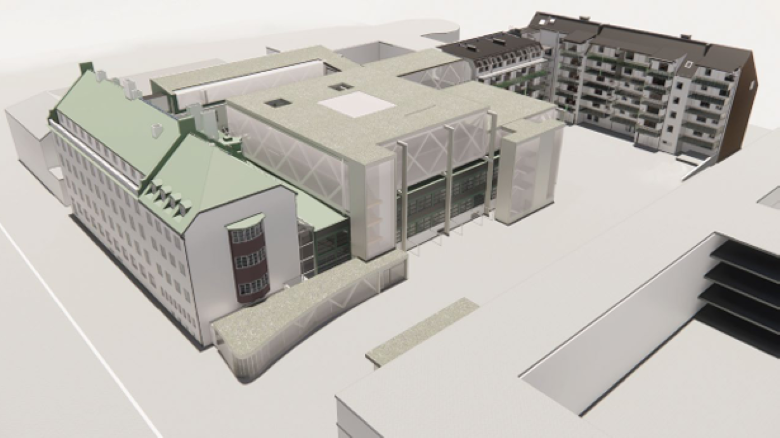 Bilden visar förslag på utformning av påbyggnader och tillbyggnader inom fastigheten Badhuset 14.