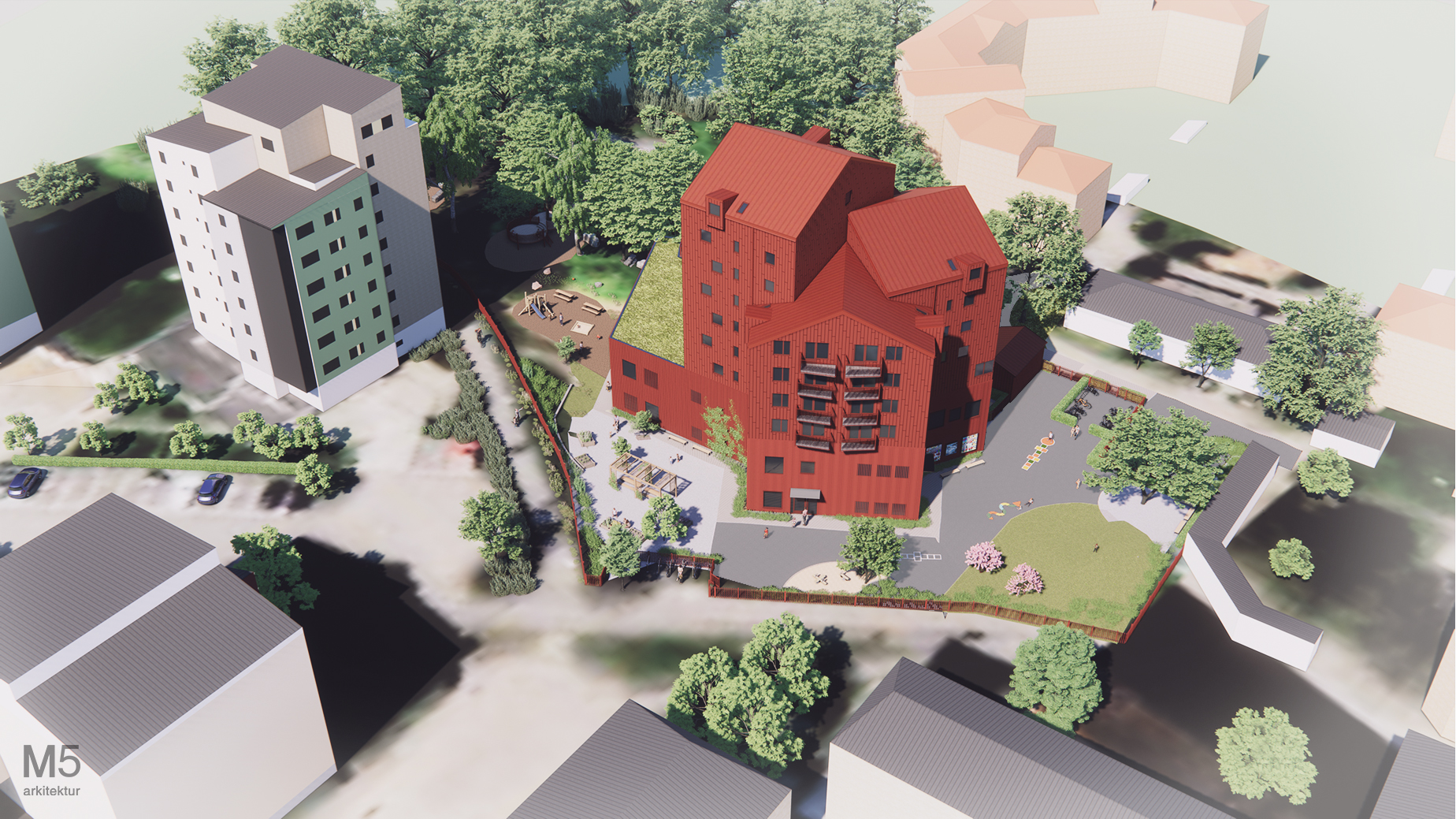 Visionsbild på hur den nya byggnaden kan se ut. Rött trähus i varierande höjd. Huset ligger intill andra flerbostadshus och grönska. I förgrunden syns en förskolegård.