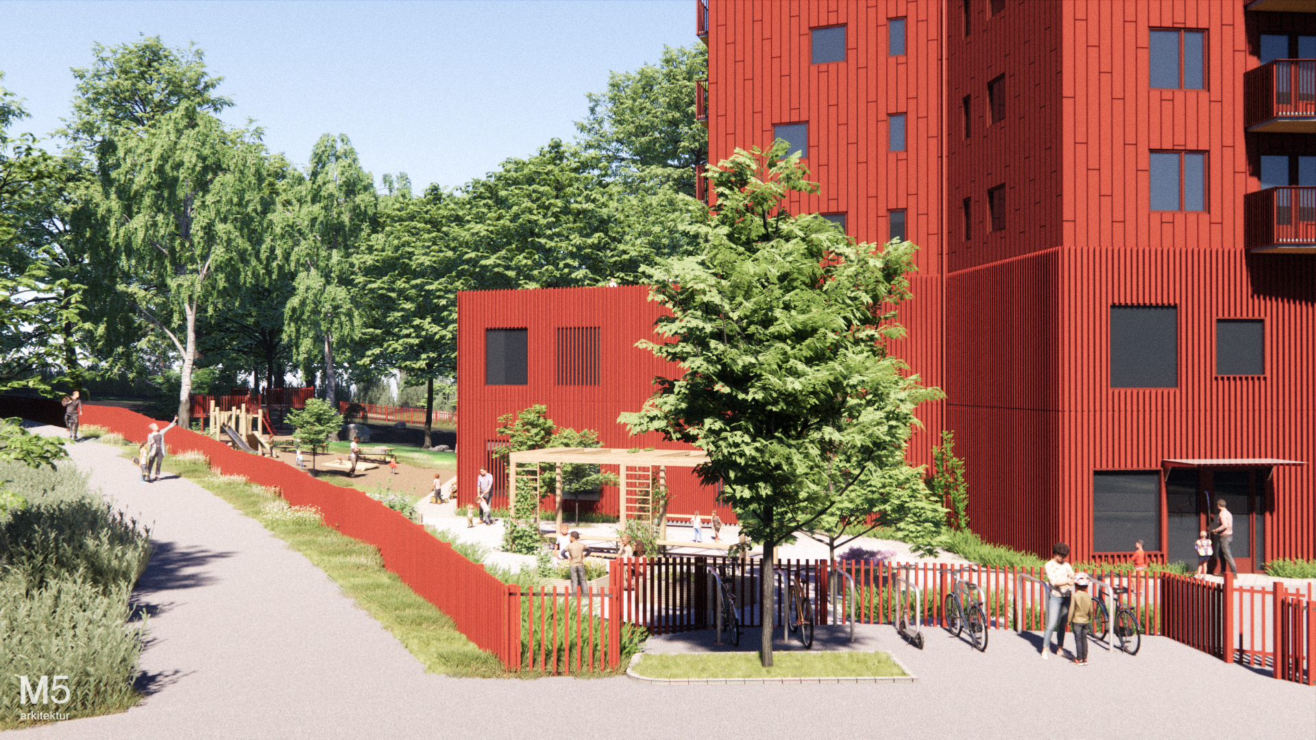 Visionsbild från gatuperspektiv. Rött trähus och flera våningar. Intill huset syns ett rött staket, träd och lekredskap för barn. Bredvid staket finns en gångväg.