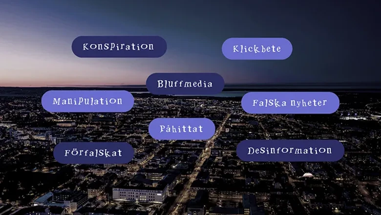 Skyline över Linköping. Textfält med ord där det står påhittat, förfalskat med mera. Ska symbolisera desinformation