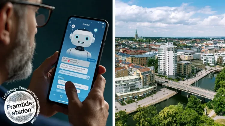 Kollage med två bilder. Ena bilden visar en man med mobiltelefon. Andra bilden visar en vy över Linköping.