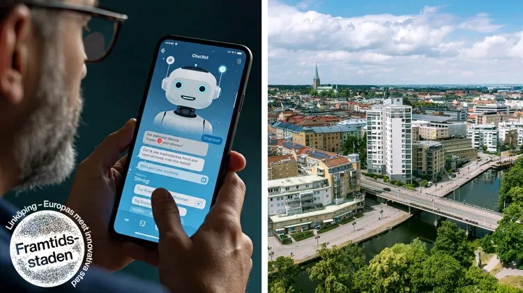Kollage med två bilder. Ena bilden visar en man med mobiltelefon. Andra bilden visar en vy över Linköping.