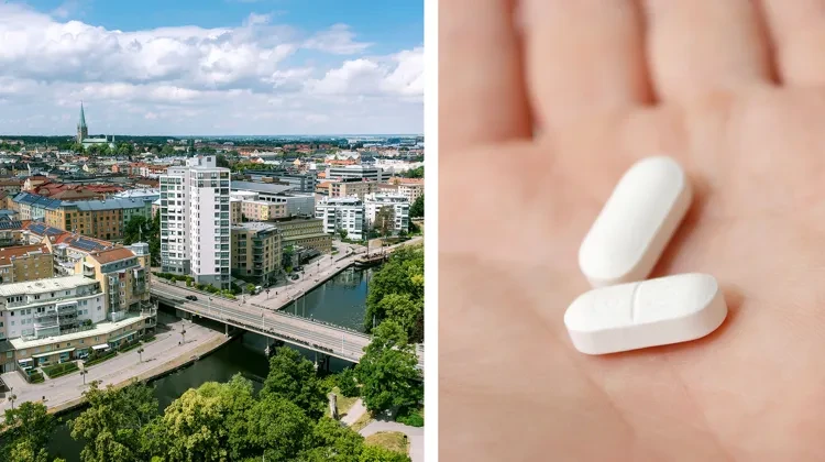 Kollage med vy över Linköping och medicin