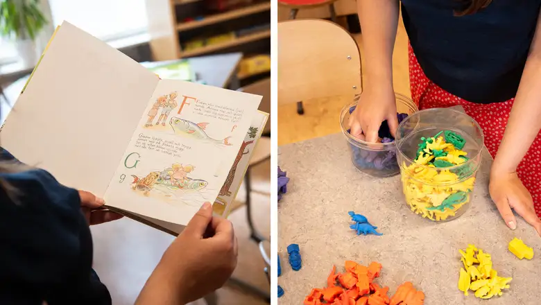 En bok och andra föremål från aktiviteterna i förskoleklass