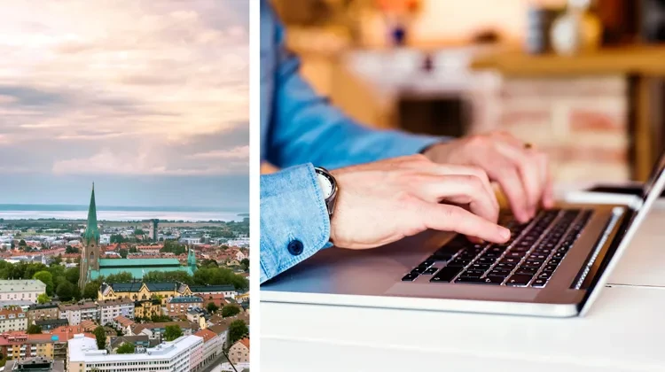 Ett kollage med vy över Linköping och händer som skriver på en dator