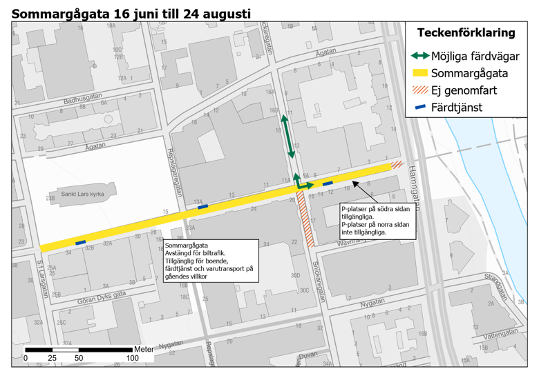Sommargågatan 16 juni-24 augusti Sommargågatan sträcker sig längs Storgatan, mellan Sankt Larsgatan och Hamngatan, där är det gångfart som gäller. Framkomligheten kommer att vara starkt begränsad för fordonstrafik. Möblerna mitt i gatan är placerade så att utryckningsfordon kan ta sig fram. Leveranser och annan tyngre trafik ska helst ske mellan klockan 04.00-11.00 på vardagar.