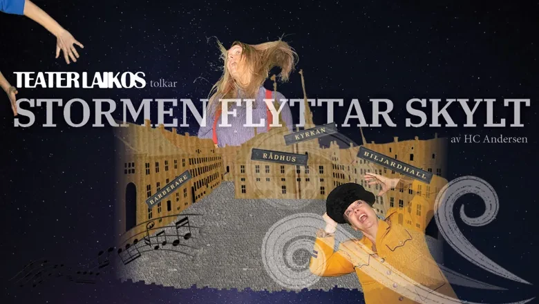 Affischbild med texten Stormen flyttar skylt mot en bakgrund med målad stadsmiljö och ett par personer i blåst