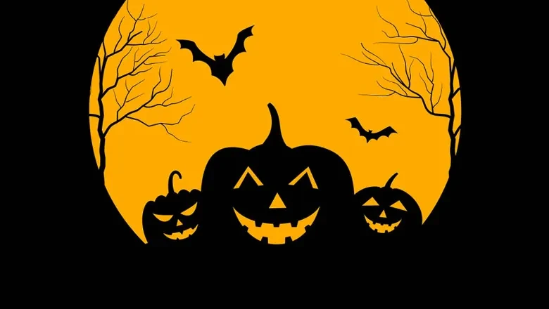 Affischbild med svarta pumpor och fladdermöss mot orangegul bakgrund