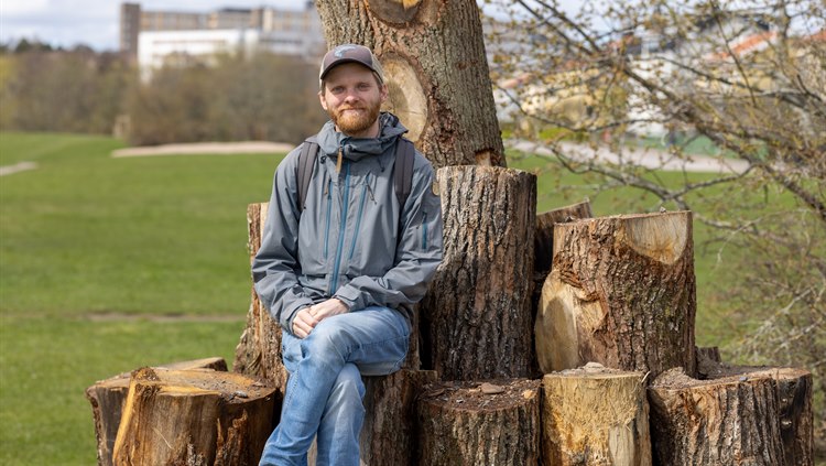 En man sitter vid trästockar staplade i en hög på varandra.