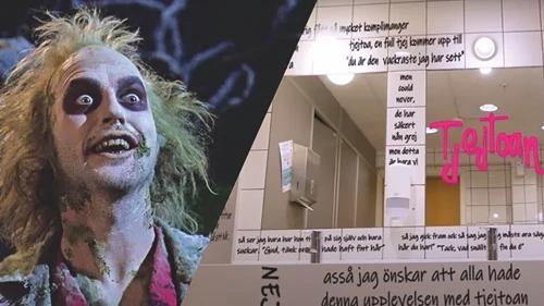 Affischbild med bild från offentlig toalett kombinerad med foto på ansiktsklädd man med håret på ända