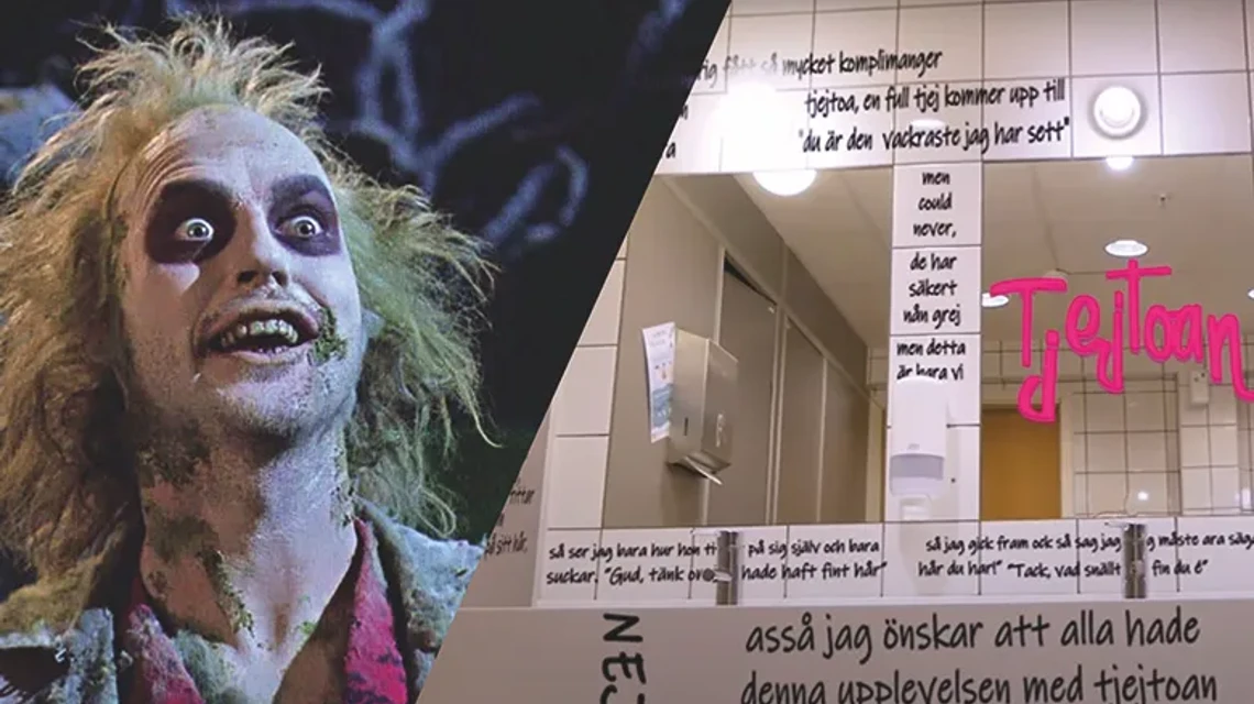 Affischbild med bild från offentlig toalett kombinerad med foto på ansiktsklädd man med håret på ända