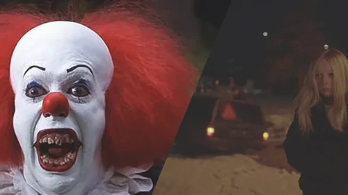 Tvådelad bild med grinande clownansikte och bild av en ung flicka framför en a-traktor i snöig miljö
