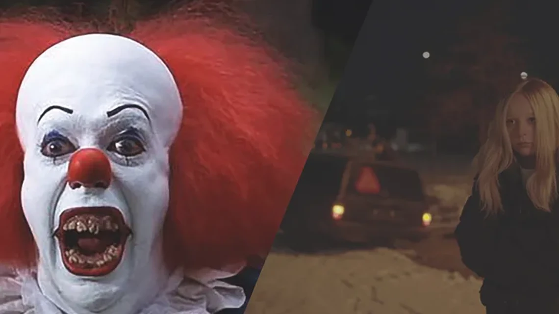 Tvådelad bild med grinande clownansikte och bild av en ung flicka framför en a-traktor i snöig miljö