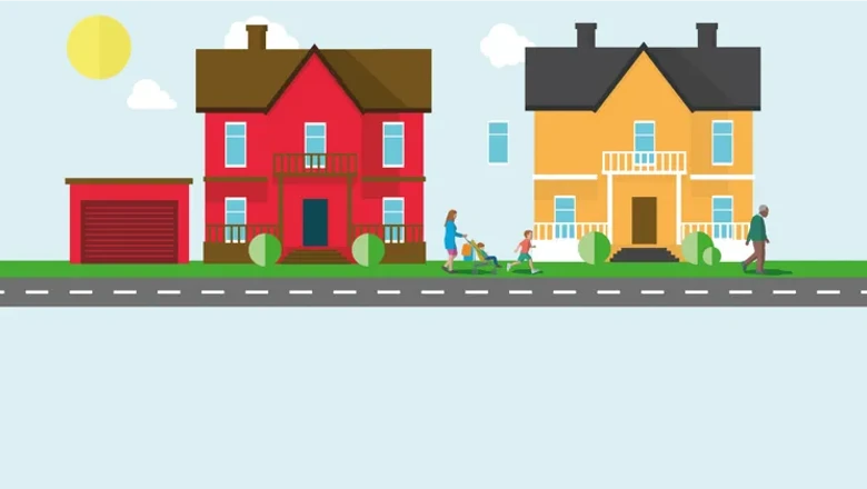 Illustrationen visar en gata kantad med villor. Framöver villorna rör sig människor.