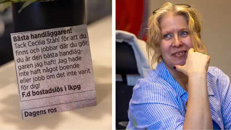Ett tidningsurklipp med en Dagens ros-hälsning och en kvinna som ler.