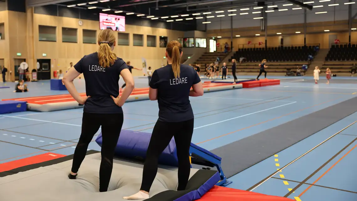 Två ryggar på ett par tjejer. De tittar ut i en gympasal.