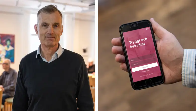 En man och en hand som håller i en mobiltelefon.