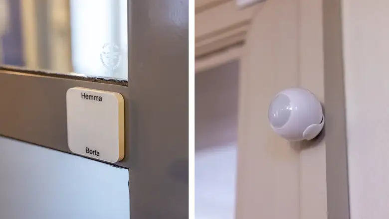 En knapp på en dörr och en rörelsesensor på en vägg.