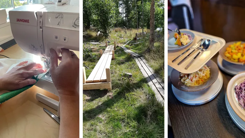 Textilverksamheten syr många olika saker,
bland annat vimplar till sommargågatan. 
Servicegruppen bygger ny spång i Vidingsjö.
Café Drivbänk är en arbetsmarknadsinsats, en företagslik miljö inom restaurang och café.