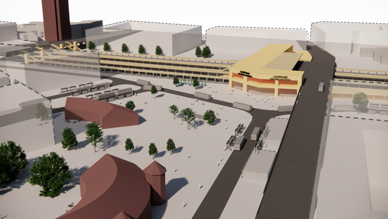 Datorrenderad bild som visar vy över framtida centralstation. I förgrunden ses de befintliga lokstallarna, bild- och gång- och cykelväg samt träd.