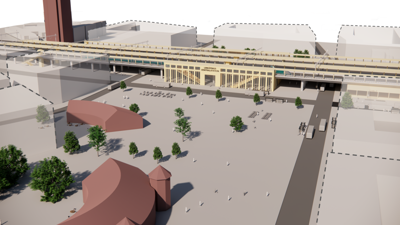 Datorrenderad bild som visar vy över framtida centralstation. I förgrunden ses de befintliga lokstallarna, bild- och gång- och cykelväg samt träd.