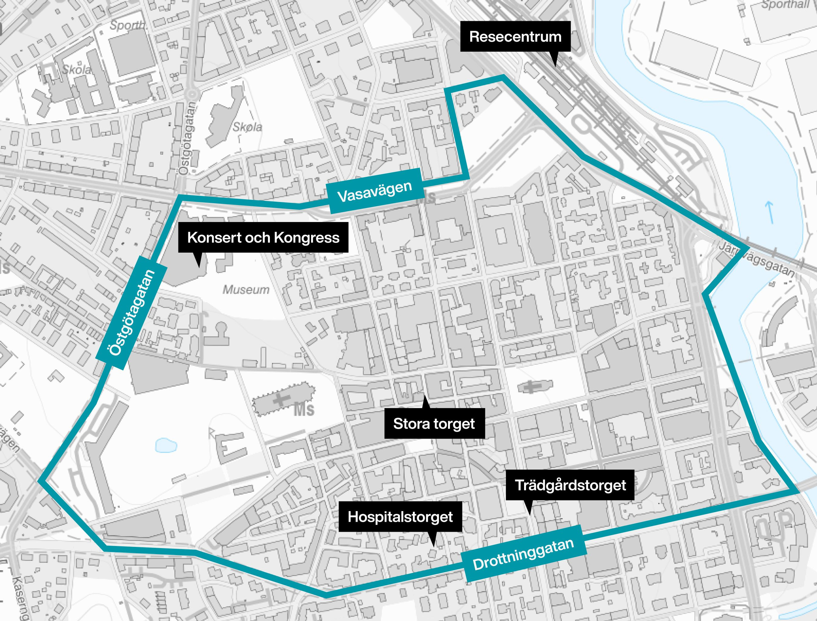 Karta som visar inom vilket område av centrala Linköping där det alltid krväs tillstånd för fyrverkerier.