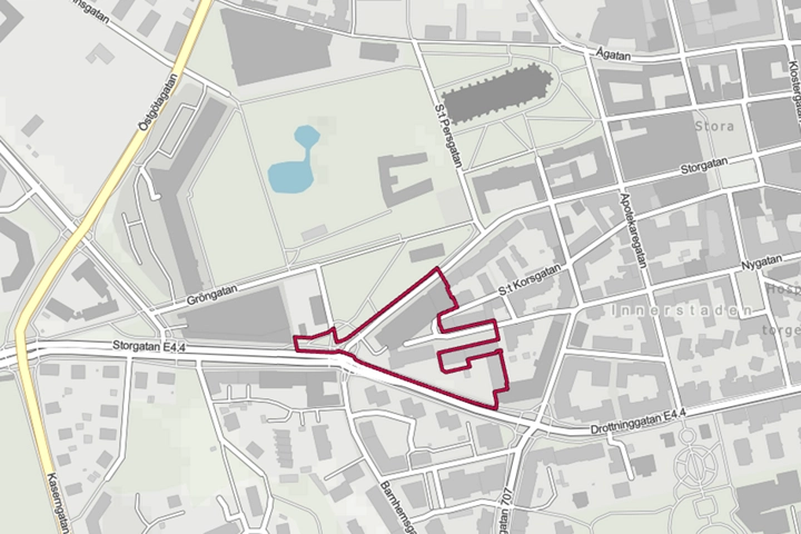 Bilden visar planområdets avgränsning och placering i staden.