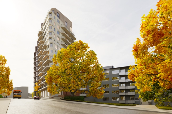 Visionsbild med en möjlig byggnad på fastigheten Elden 13.