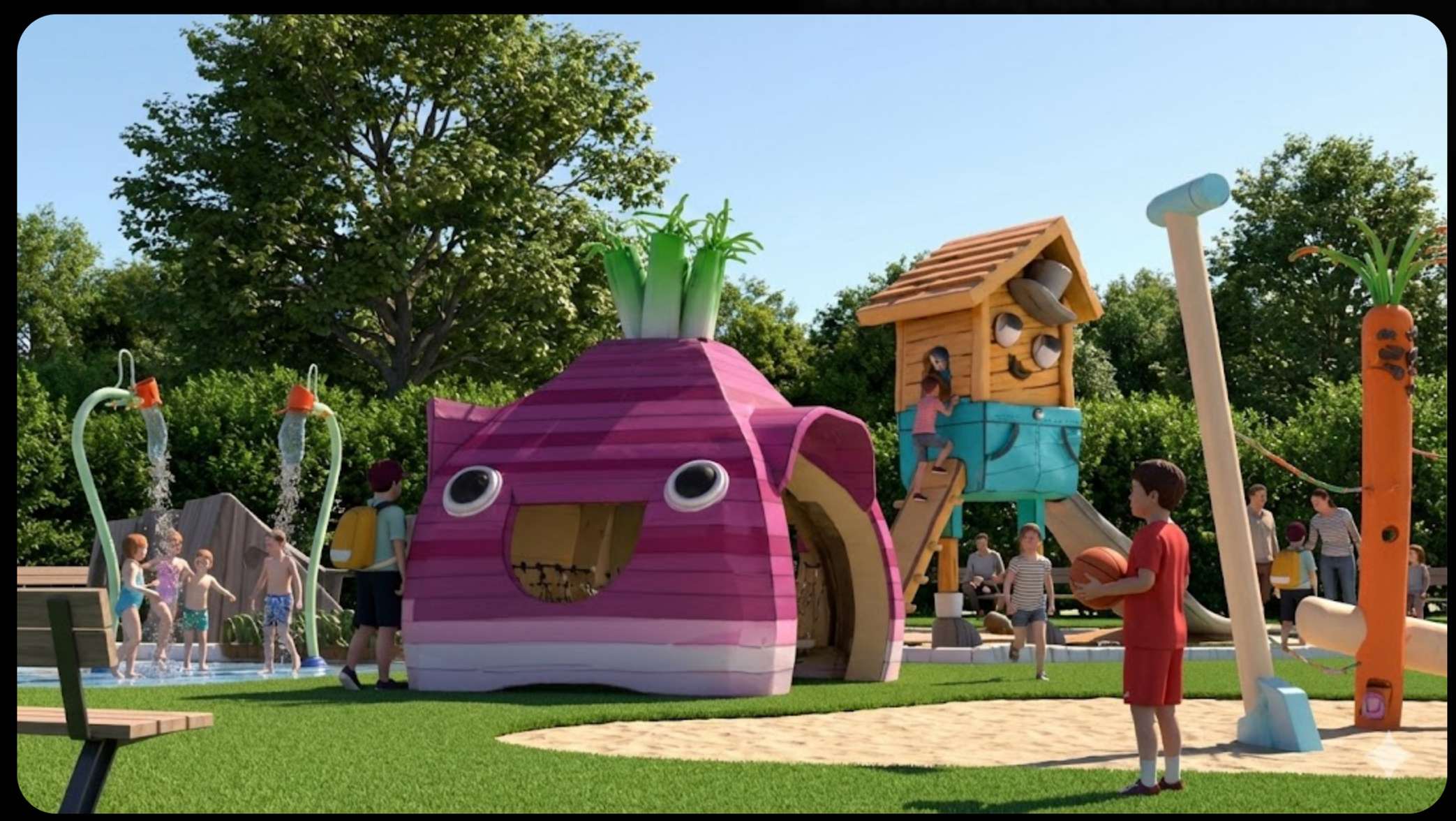 En 3D-anminerad bild på en rödlök som man kan leka i, blommor som sprutar vatten för vattenlek, morötter att klättra på och en pojke med en basketboll. Bilden är en vision om hur lekparken kommer att se ut när den är klar.