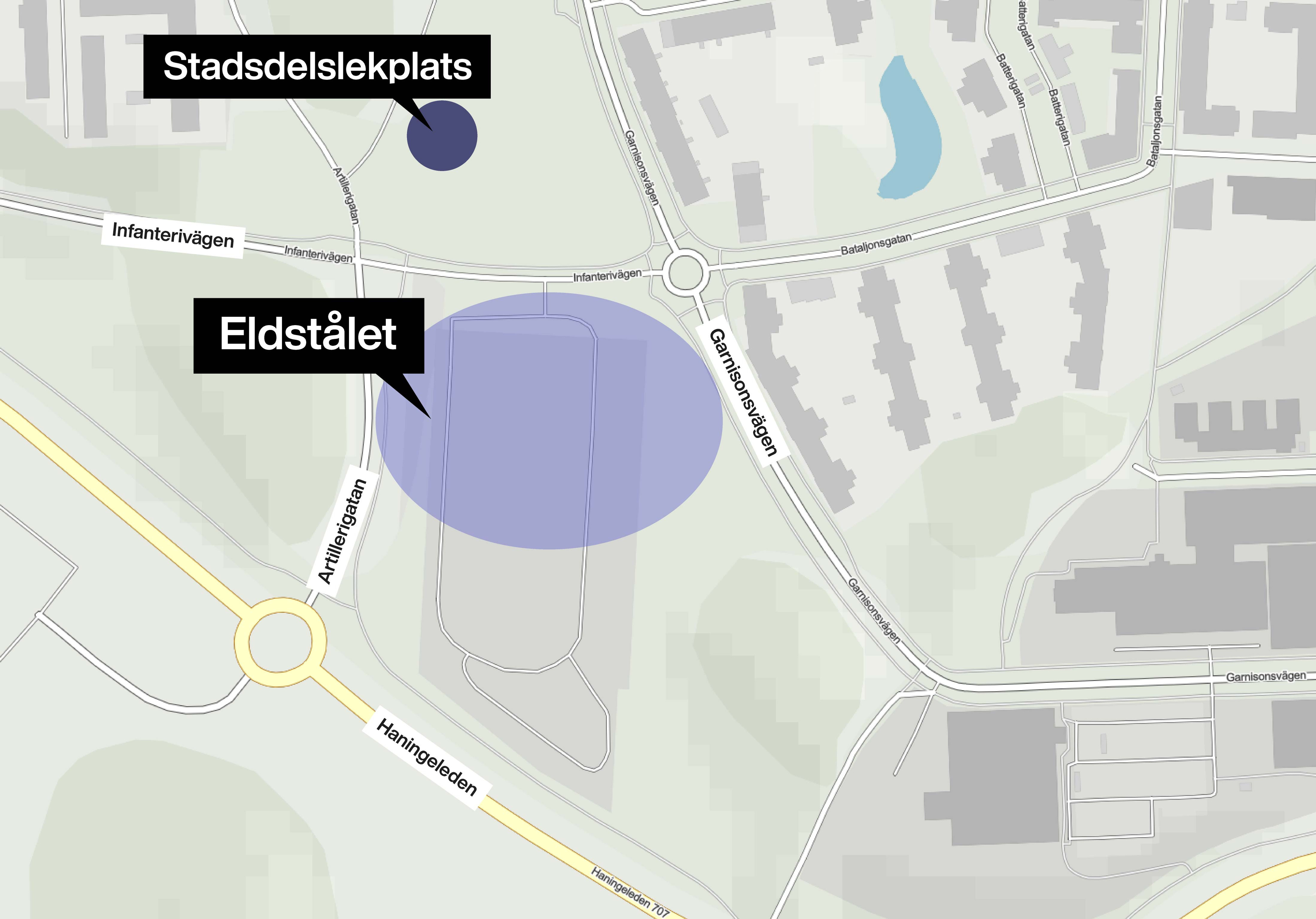 Kartbild som visar området för eldstålet och aktivitetsparken.